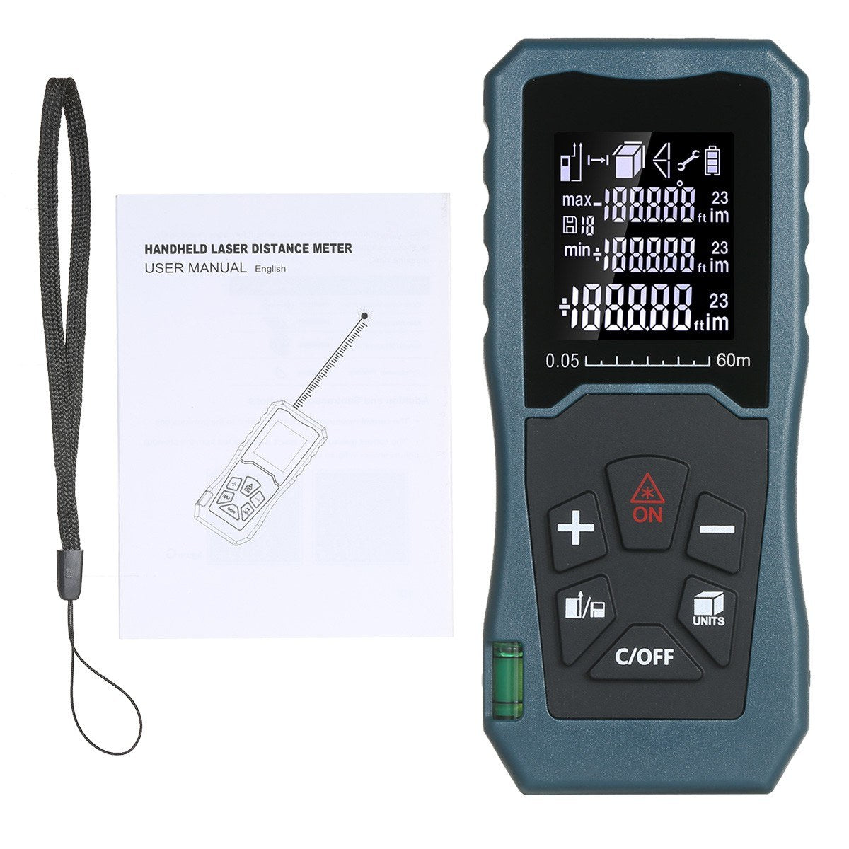 Laser Distance Meter Bubble Level Handheld 1.6-inch LCD Diastimeter Pythagorean Mode Measure Distance Area and Volume