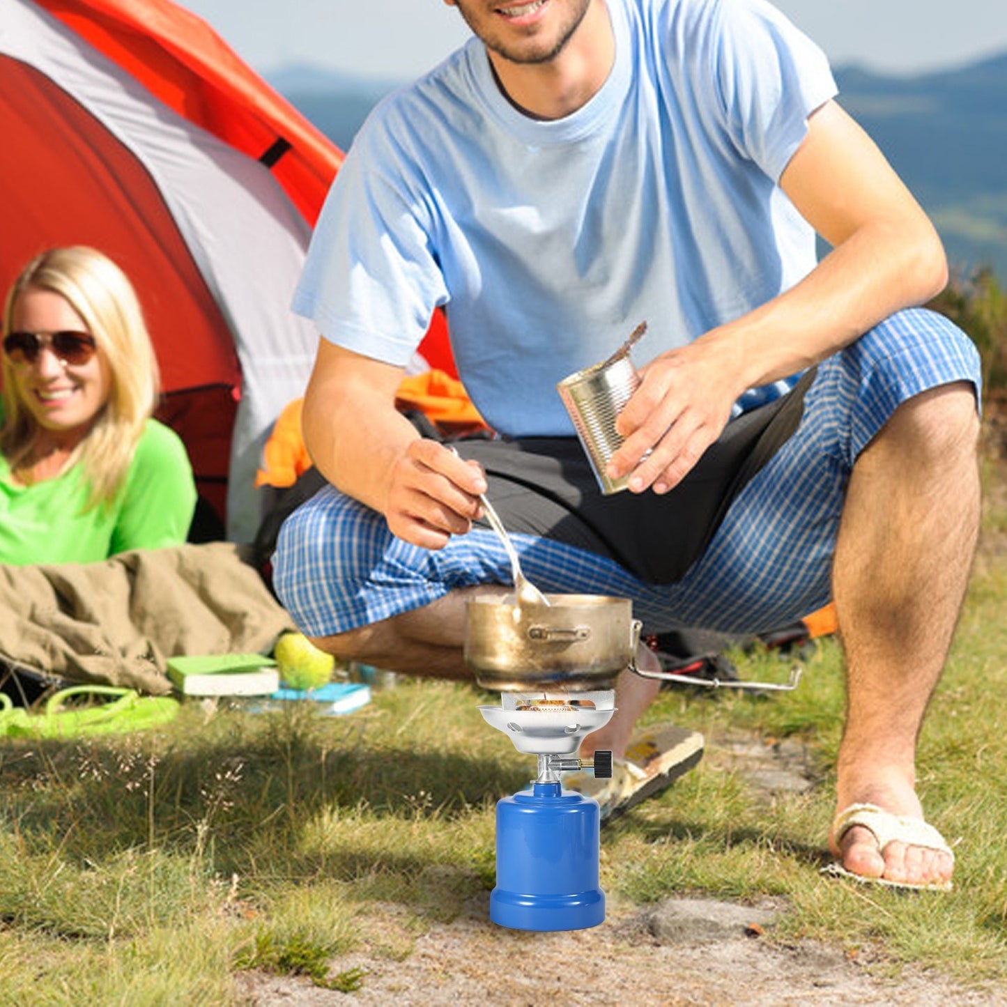 Windproof Camp Stove Gas Tank Stove Portable Backpacking Propane Stove with Adjustable Burner for Outdoor Cooking