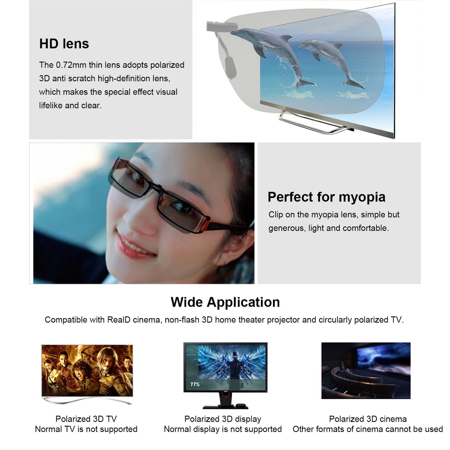 0.72mm Clip-on 3D Glasses Passive Circular Polarized Eye Glasses Lens for 3D TV Movie Cinema